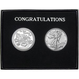 Congratulations Wedding Day Silver Round and Silver American Eagle 2pc Gift Set