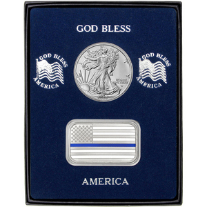 Enameled Blue Line American Flag Silver Bar and Silver American Eagle 2pc Gift Set Enameled Blue Line American Flag Silver Bar and Silver American Eagle 2pc Gift Set