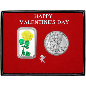 Valentine Enameled Yellow Rose Silver Bar and Silver American Eagle 2pc Gift Set Valentine Enameled Yellow Rose Silver Bar and Silver American Eagle 2pc Gift Set