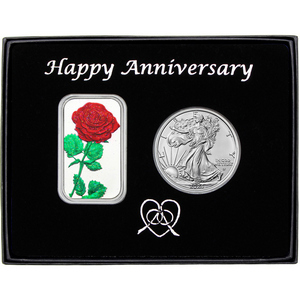 Happy Anniversary Red Rose Enameled Silver Bar and Silver American Eagle 2pc Gift Set