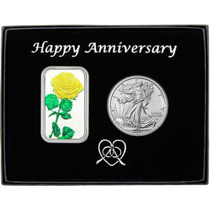 Happy Anniversary Yellow Rose Enameled Silver Bar and Silver American Eagle 2pc Gift Set