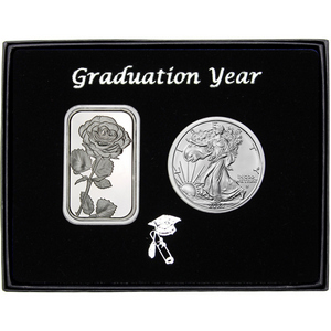 Graduation Year Single Rose Silver Bar and Silver American Eagle 2pc Gift Set