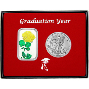 Graduation Year Yellow Rose Enameled Silver Bar and Silver American Eagle 2pc Gift Set Graduation Year Yellow Rose Enameled Silver Bar and Silver American Eagle 2pc Gift Set
