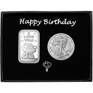 Happy Birthday I Love You Bear Silver Bar and Silver American Eagle 2pc Gift Set Happy Birthday I Love You Bear Silver Bar and Silver American Eagle 2pc Gift Set