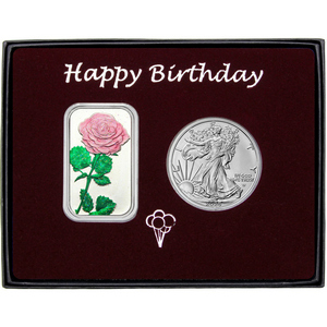 Happy Birthday Pink Rose Enameled Silver Bar and Silver American Eagle 2pc Gift Set Happy Birthday Pink Rose Enameled Silver Bar and Silver American Eagle 2pc Gift Set