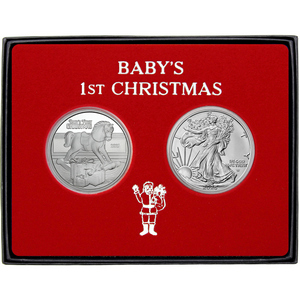 Baby's First Christmas Silver Medallion and Silver American Eagle 2pc Box Gift Set Baby's First Christmas Silver Medallion and Silver American Eagle 2pc Box Gift Set