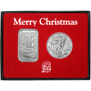 Merry Christmas Santa Claus Nicknames Silver Bar and Silver American Eagle 2pc Box Gift Set Merry Christmas Santa Claus Nicknames Silver Bar and Silver American Eagle 2pc Box Gift Set