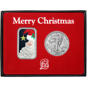 Merry Christmas Santa Claus Enameled Silver Bar and Silver American Eagle 2pc Box Gift Set