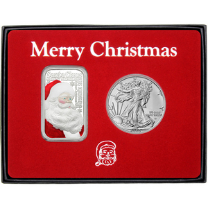 Merry Christmas Santa Nicknames Enameled Silver Bar and Silver American Eagle 2pc Box Gift Set Merry Christmas Santa Nicknames Enameled Silver Bar and Silver American Eagle 2pc Box Gift Set