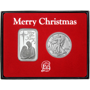Merry Christmas the Nativity Scene Adore HIM Silver Round and Silver American Eagle 2pc Box Gift Set