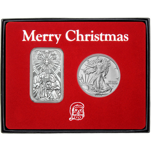 Merry Christmas Stained Glass Nativity Scene Silver Bar and Silver American Eagle 2pc Box Gift Set Merry Christmas Stained Glass Nativity Scene Silver Bar and Silver American Eagle 2pc Box Gift Set