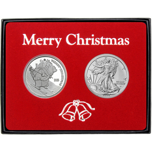 Merry Christmas Skiing Polar Bear Silver Medallion and Silver American Eagle 2pc Box Gift Set