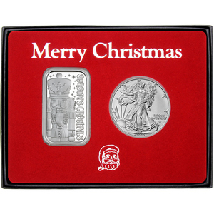 Merry Christmas Nutcracker Silver Bar and Silver American Eagle 2pc Box Gift Set