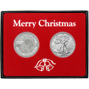 Merry Christmas Patriotic Santa Claus Silver Round and Silver American Eagle 2pc Box Gift Set