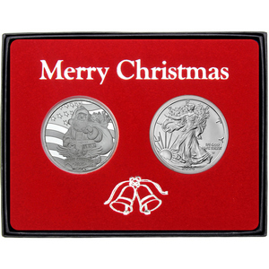 Merry Christmas Patriotic Santa Claus Silver Medallion and Silver American Eagle 2pc Box Gift Set Merry Christmas Patriotic Santa Claus Silver Medallion and Silver American Eagle 2pc Box Gift Set
