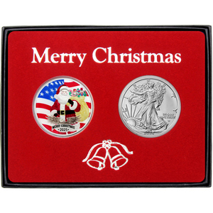 Merry Christmas Patriotic Santa Claus Enameled Silver Medallion and Silver American Eagle 2pc Box Gift Set Merry Christmas Patriotic Santa Claus Enameled Silver Medallion and Silver American Eagle 2pc Box Gift Set