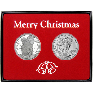 Merry Christmas Santa Bells Silver Round and Silver American Eagle 2pc Box Gift Set