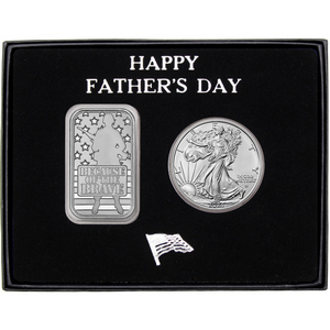 Happy Father's Day Because of the Brave Silver Bar and Silver American Eagle 2pc Gift Set