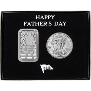 Happy Father's Day Because of the Brave Silver Bar and Silver American Eagle 2pc Gift Set Happy Father's Day Because of the Brave Silver Bar and Silver American Eagle 2pc Gift Set