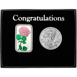 Congratulations Enameled Pink Rose Silver Bar and Silver American Eagle 2pc Gift Set Congratulations Enameled Pink Rose Silver Bar and Silver American Eagle 2pc Gift Set