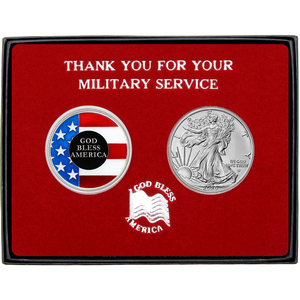 Military Service Enameled God Bless America Silver Medallion and Silver American Eagle 2pc Gift Set