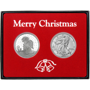 Merry Christmas Angel Light the Way Silver Round and Silver American Eagle 2pc Box Gift Set