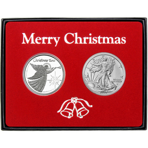 Merry Christmas Joy Angel Silver Round and Silver American Eagle 2pc Box Gift Set Merry Christmas Joy Angel Silver Round and Silver American Eagle 2pc Box Gift Set
