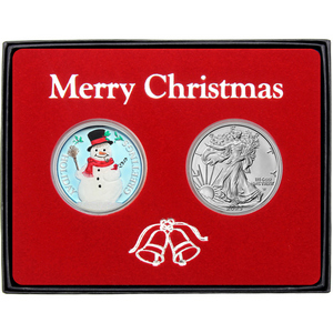 Merry Christmas Prince of Peace Enameled Silver Bar and Silver American Eagle 2pc Box Gift Set