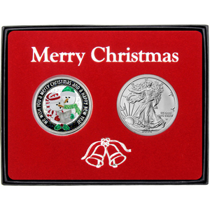 Merry Christmas Caroling Snowman Enameled Silver Medallion and Silver American Eagle 2pc Box Gift Set