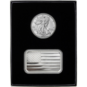 American Flag 5oz Silver Bar and Silver American Eagle 2pc Gift Set American Flag 5oz Silver Bar and Silver American Eagle 2pc Gift Set