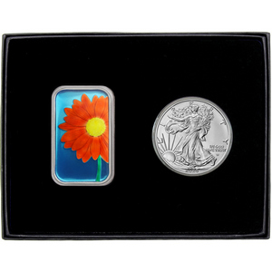 Orange Daisy Enameled Silver Bar and Silver American Eagle 2pc Gift Set Orange Daisy Enameled Silver Bar and Silver American Eagle 2pc Gift Set