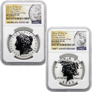 2023 S Morgan and Peace Silver Dollar Set Reverse PF70 FDI NGC Morgan Peace Dollar Label 2023 S Morgan and Peace Silver Dollar Set Reverse PF70 FDI NGC Morgan Peace Dollar Label