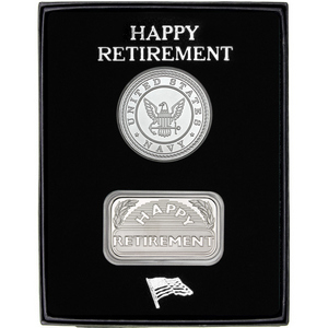US Navy Silver Medallion and Happy Retirement Silver Bar 2pc Gift Set US Navy Silver Medallion and Happy Retirement Silver Bar 2pc Gift Set