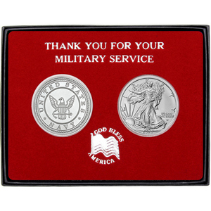 Military Service US Navy Medallion and Silver American Eagle 2pc Gift Set