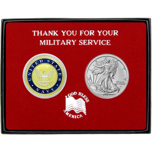 Military Service Enameled US Navy Medallion and Silver American Eagle 2pc Gift Set