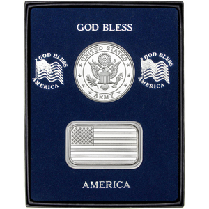 American Flag Silver Bar and US Army Silver Medallion 2pc Gift Set