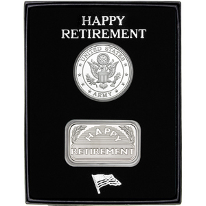 US Army Silver Medallion and Happy Retirement Silver Bar 2pc Gift Set US Army Silver Medallion and Happy Retirement Silver Bar 2pc Gift Set
