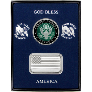 American Flag Silver Bar and Enameled US Army Silver Medallion 2pc Gift Set