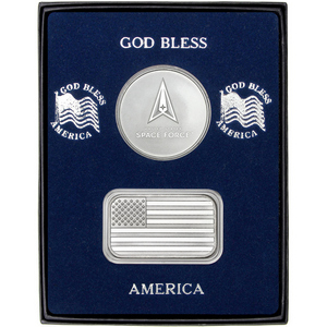 American Flag Silver Bar and US Space Force Silver Medallion 2pc Gift Set American Flag Silver Bar and US Space Force Silver Medallion 2pc Gift Set