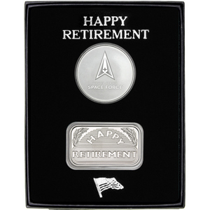 US Space Force Silver Medallion and Happy Retirement Silver Bar 2pc Gift Set US Space Force Silver Medallion and Happy Retirement Silver Bar 2pc Gift Set