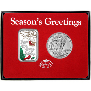Season's Greetings Holiday Cardinals Enameled Silver Bar and Silver American Eagle 2pc Box Gift Set Season's Greetings Holiday Cardinals Enameled Silver Bar and Silver American Eagle 2pc Box Gift Set