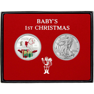 Baby's First Christmas Enameled Silver Medallion and Silver American Eagle 2pc Box Gift Set