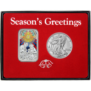 Season's Greetings Mary, Joseph and Baby Jesus Nativity Scene Enameled Silver Bar and Silver American Eagle 2pc Box Gift Set