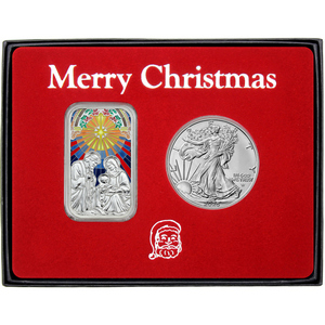 Merry Christmas Mary, Joseph and Baby Jesus Nativity Scene Enameled Silver Bar and Silver American Eagle 2pc Box Gift Set
