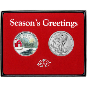 Season's Greetings Moonlit Creek Country Farm Enameled Silver Round and Silver American Eagle 2pc Box Gift Set Season's Greetings Moonlit Creek Country Farm Enameled Silver Round and Silver American Eagle 2pc Box Gift Set