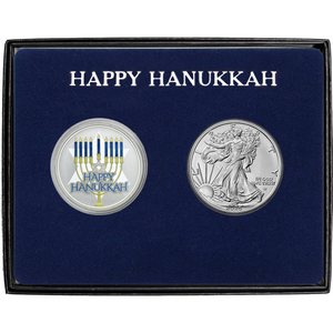 Happy Hanukkah Enameled Silver Medallion and Silver American Eagle 2pc Box Gift Set Happy Hanukkah Enameled Silver Medallion and Silver American Eagle 2pc Box Gift Set