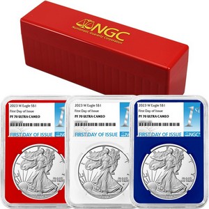 2023 W Silver American Eagle PF70 UC FDI NGC 1st Label Red, White & Blue Core 3pc Set in Red NGC Box 2023 W Silver American Eagle PF70 UC FDI NGC 1st Label Red, White & Blue Core 3pc Set in Red NGC Box