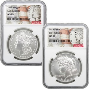 2023 Morgan and Peace Silver Dollar Set MS69 Early Releases NGC Flag Label 2023 Morgan and Peace Silver Dollar Set MS69 Early Releases NGC Flag Label