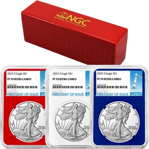 2023 S Silver American Eagle PF70 UC FDI NGC 1st Label Red, White & Blue Core 3pc Set in Red NGC Box 2023 S Silver American Eagle PF70 UC FDI NGC 1st Label Red, White & Blue Core 3pc Set in Red NGC Box