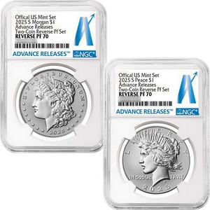 2025 S Morgan and Peace Silver Dollar Set Reverse PF70 UC AR NGC Advance Releases Label